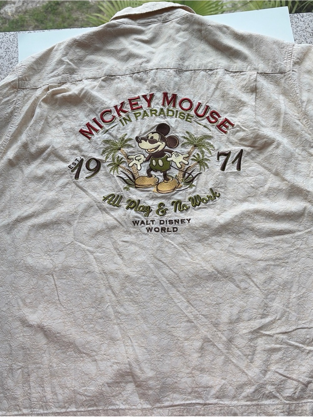 Disney Mickey Mouse 'In Paradise' Embroidered Tee - Cream, Green, Red